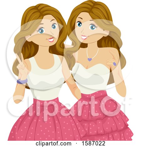 Clipart of Teen Twin Girls Wearing Matching Dresses - Royalty Free Vector Illustration by BNP Design Studio