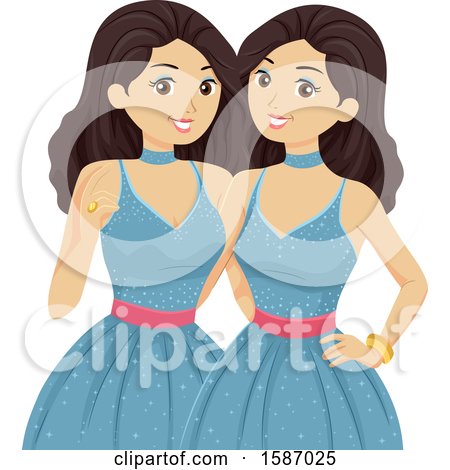Clipart of Teen Twin Girls in Matching Blue Prom Dresses - Royalty Free Vector Illustration by BNP Design Studio