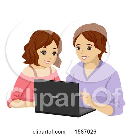 Clipart of a Teen Girl Teaching Her Mom How to Use a Laptop Computer - Royalty Free Vector Illustration by BNP Design Studio