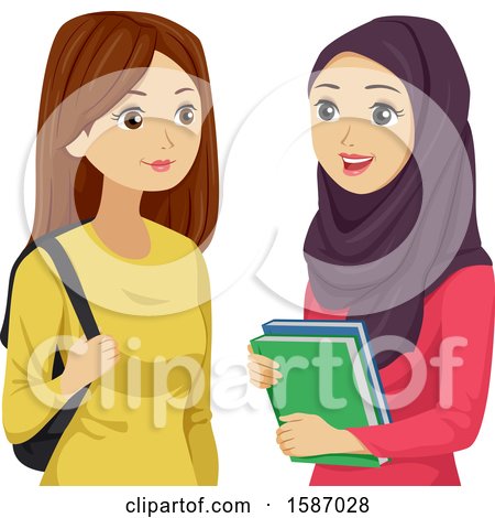 Clipart of Teen Girls, One Wearing a Hijab - Royalty Free Vector Illustration by BNP Design Studio