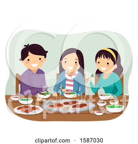Clipart of Teenagers Eating Grilled Meat at a Restaurant - Royalty Free Vector Illustration by BNP Design Studio