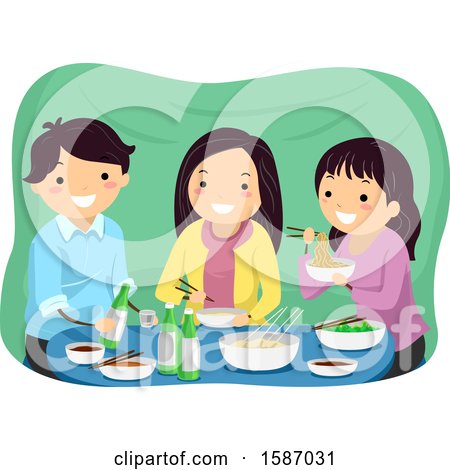 Clipart of Teens Eating and Drinking Soju Inside a Street Side Tent - Royalty Free Vector Illustration by BNP Design Studio
