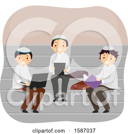 Clipart of a Group of Muslim Male Teens Studying on Benches - Royalty Free Vector Illustration by BNP Design Studio