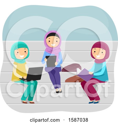 Clipart of a Group of Female Muslim Teens Studying on Benches - Royalty Free Vector Illustration by BNP Design Studio