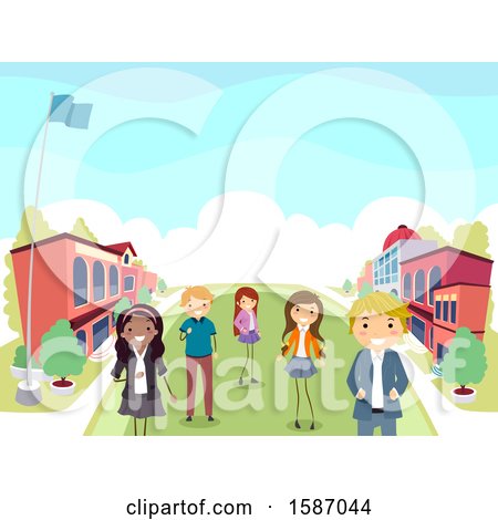 Clipart of a Group of Teens on a School Campus - Royalty Free Vector Illustration by BNP Design Studio