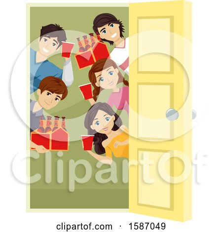Clipart of a Group of Teens with Alcohol Around an Open Door - Royalty Free Vector Illustration by BNP Design Studio