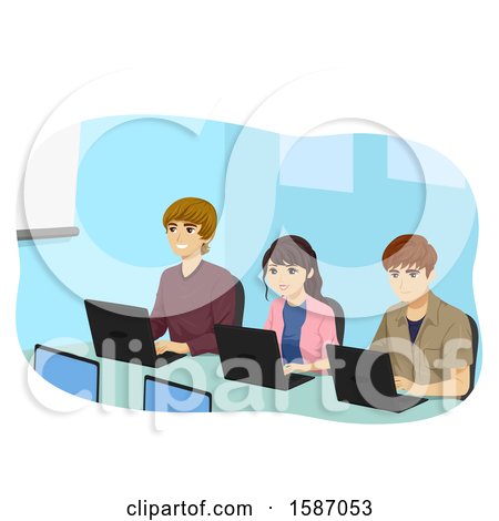 Clipart of a Group of Teens Using Laptops in Class - Royalty Free Vector Illustration by BNP Design Studio