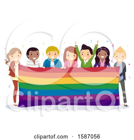 Clipart of a Group of Teens Celebrating Pride with a Giant Rainbow Flag Banner - Royalty Free Vector Illustration by BNP Design Studio