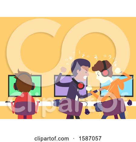 Clipart of a Group of Male Teens Fighting over a Video Game - Royalty Free Vector Illustration by BNP Design Studio