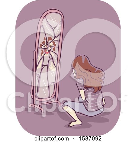 Clipart of a Woman Crying and Hating Herself After Punching the Mirror - Royalty Free Vector Illustration by BNP Design Studio