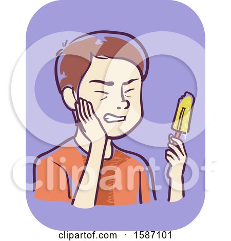 Clipart of a Teenage Guy Holding His Teeth in Pain with Sensitivity to Eating an Ice Pop - Royalty Free Vector Illustration by BNP Design Studio