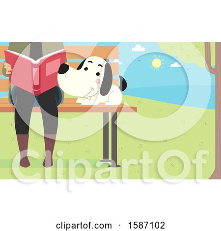 Clipart of a Dog Sitting on a Park Bench by a Reading Woman - Royalty Free Vector Illustration by BNP Design Studio