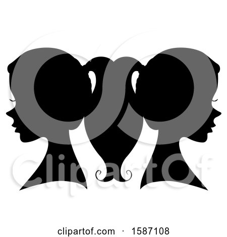Clipart of Teen Twin Girls with Pony Tails, Silhouetted Back to Back - Royalty Free Vector Illustration by BNP Design Studio