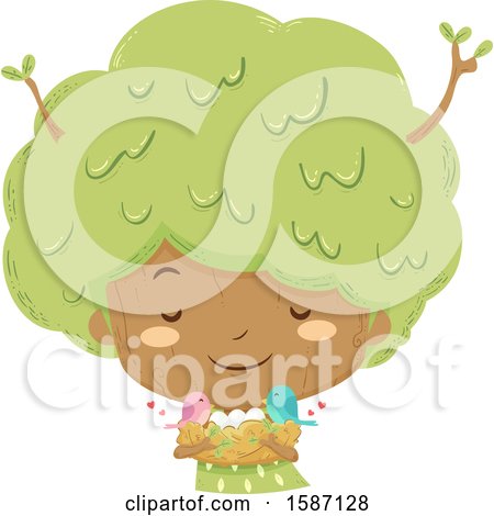 Clipart of a Tree Girl Holding a Nest with Birds and Eggs - Royalty Free Vector Illustration by BNP Design Studio