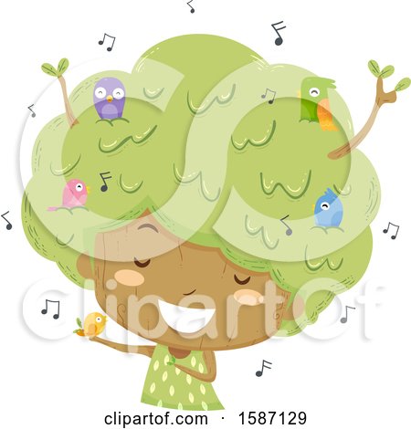 Clipart of a Girl Tree with Singing Birds - Royalty Free Vector Illustration by BNP Design Studio