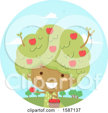 Clipart of a Girl Tree Picking Her Own Apples - Royalty Free Vector Illustration by BNP Design Studio