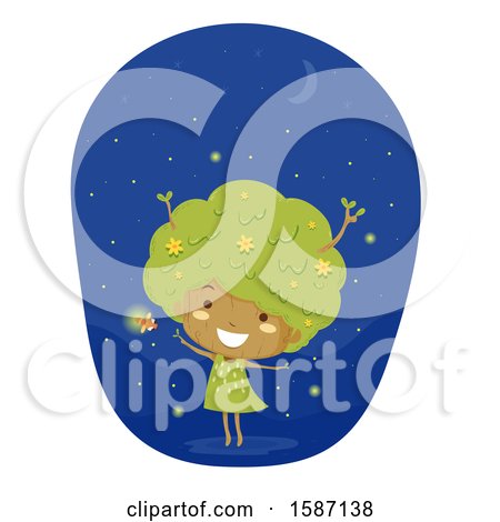 Clipart of a Girl Tree with Fire Flies - Royalty Free Vector Illustration by BNP Design Studio
