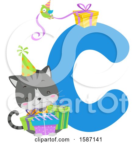 Clipart of a Birthday Animal Alphabet Letter C with a Cat - Royalty Free Vector Illustration by BNP Design Studio
