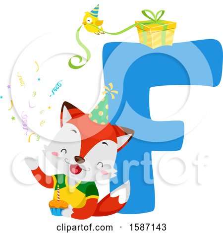 Clipart of a Birthday Animal Alphabet Letter F with a Fox - Royalty Free Vector Illustration by BNP Design Studio