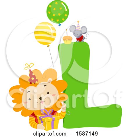 Clipart of a Birthday Animal Alphabet Letter L with a Lion - Royalty Free Vector Illustration by BNP Design Studio