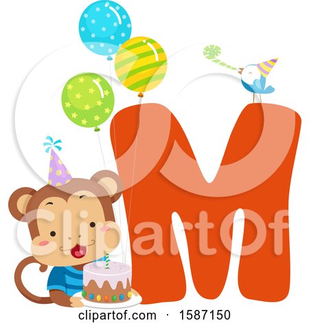 Clipart of a Birthday Animal Alphabet Letter M with a Monkey - Royalty Free Vector Illustration by BNP Design Studio