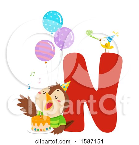 Clipart of a Birthday Animal Alphabet Letter N with a Nightingale - Royalty Free Vector Illustration by BNP Design Studio