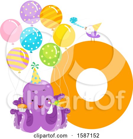 Clipart of a Birthday Animal Alphabet Letter O with an Octopus - Royalty Free Vector Illustration by BNP Design Studio