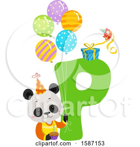 Clipart of a Birthday Animal Alphabet Letter P with a Panda - Royalty Free Vector Illustration by BNP Design Studio