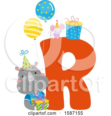 Clipart of a Birthday Animal Alphabet Letter R with a Rhino - Royalty Free Vector Illustration by BNP Design Studio