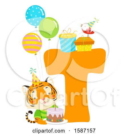 Clipart of a Birthday Animal Alphabet Letter T with a Tiger - Royalty Free Vector Illustration by BNP Design Studio