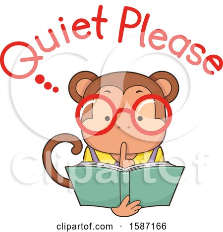 Clipart of a Reading Monkey Saying Quiet Please - Royalty Free Vector Illustration by BNP Design Studio