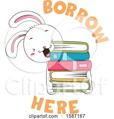 Clipart of a White Rabbit Holding a Stack of Books, with Borrow Here Text - Royalty Free Vector Illustration by BNP Design Studio