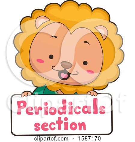 Clipart of a Male Lion over a Periodicals Section Sign - Royalty Free Vector Illustration by BNP Design Studio