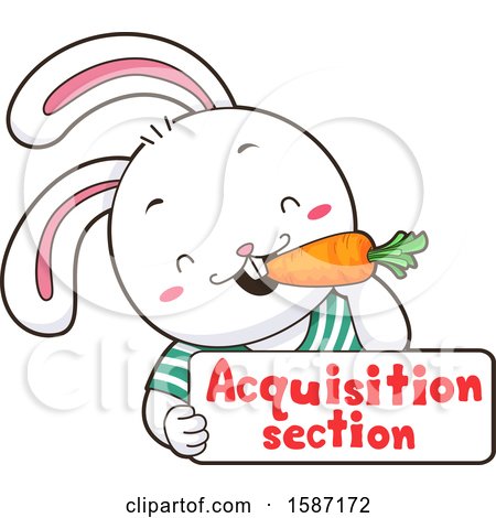 Clipart of a White Rabbit Eating a Carrot over an Aquisition Section Sign - Royalty Free Vector Illustration by BNP Design Studio