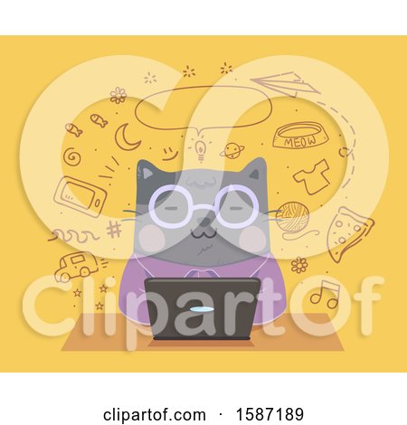 Clipart of a Blogger Cat Using a Laptop Computer, Surrounded by Doodles - Royalty Free Vector Illustration by BNP Design Studio