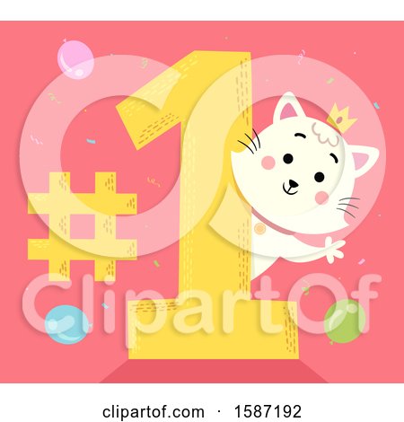 Clipart of a Princess Cat Waving Around a Number One - Royalty Free Vector Illustration by BNP Design Studio