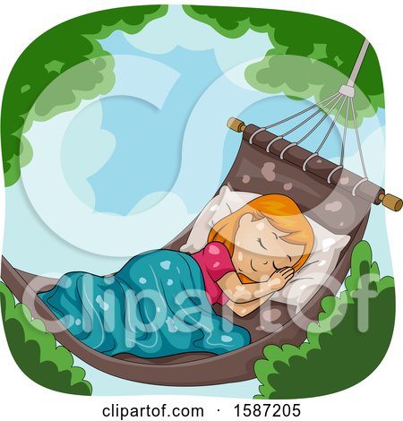 Clipart of a Red Haired White Girl Sleeping Outdoors in the Garden in a Hammock - Royalty Free Vector Illustration by BNP Design Studio