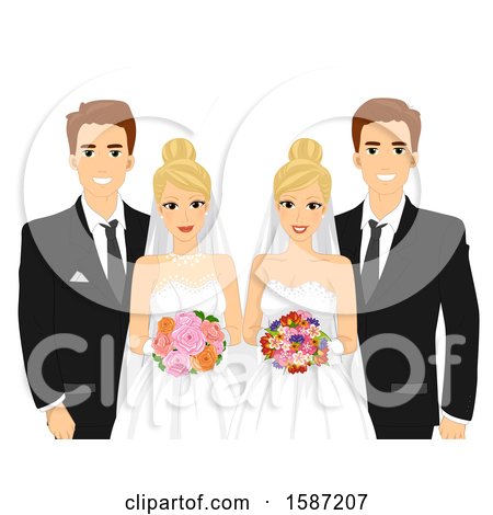 Clipart of Twin Brides and Grooms - Royalty Free Vector Illustration by BNP Design Studio