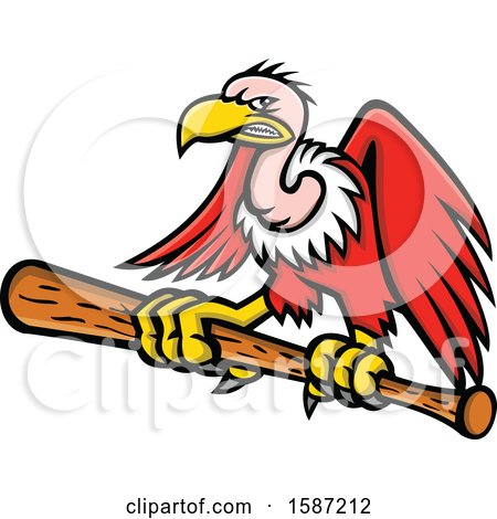 Clipart of a Tough Condor Vulture Flying and Gripping a Baseball Bat - Royalty Free Vector Illustration by patrimonio