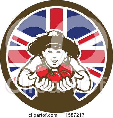 Clipart of a Retro Happy Tomato Farmer Holding Tomatoes in a Union Jack Flag Circle - Royalty Free Vector Illustration by patrimonio