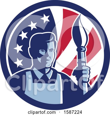 Clipart of a Retro Male Artist with a Paintbrush in an American Flag Circle - Royalty Free Vector Illustration by patrimonio