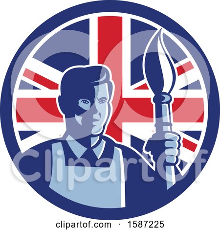 Clipart of a Retro Male Artist with a Paintbrush in a Union Jack Flag Circle - Royalty Free Vector Illustration by patrimonio
