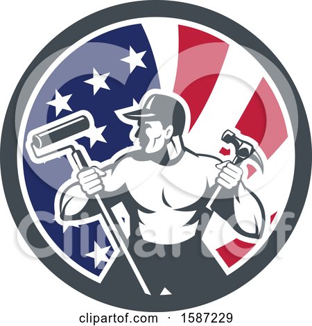 Clipart of a Retro Strong Male Painter or Handy Man in an American Flag Circle - Royalty Free Vector Illustration by patrimonio