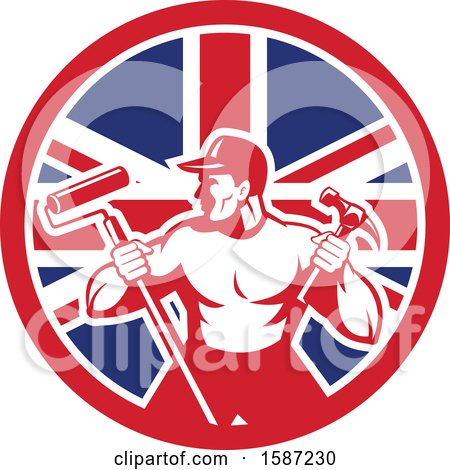 Clipart of a Retro Strong Male Painter or Handy Man in a Union Jack Flag Circle - Royalty Free Vector Illustration by patrimonio
