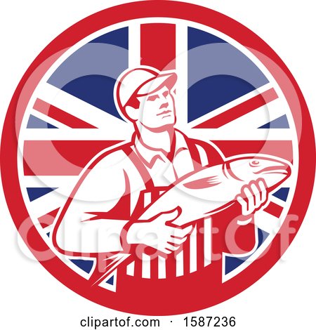 Clipart of a Retro Fishmonger in a Union Jack Flag Circle - Royalty Free Vector Illustration by patrimonio