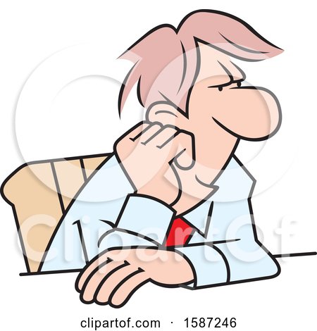 Clipart of a Cartoon White Business Man Daydreaming at His Desk - Royalty Free Vector Illustration by Johnny Sajem
