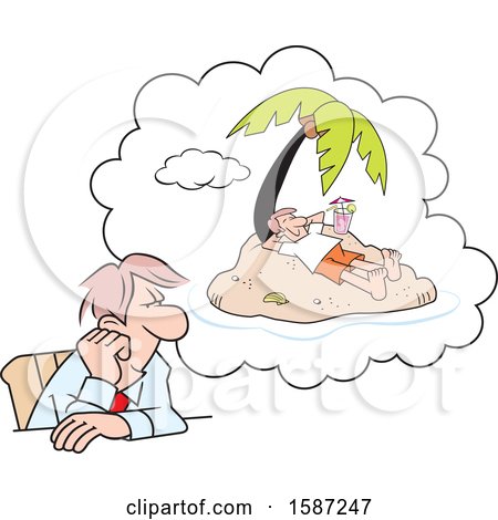 Clipart of a Cartoon White Business Man Daydreaming of a Vacation at His Desk - Royalty Free Vector Illustration by Johnny Sajem