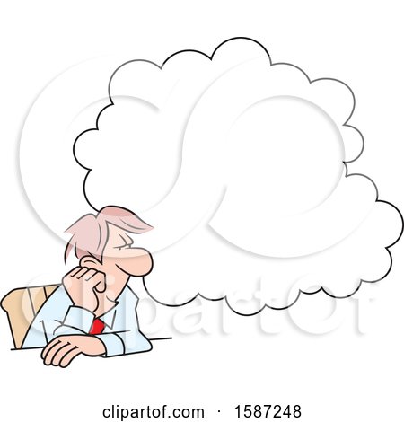 Clipart of a Cartoon White Business Man Daydreaming Under a Cloud at His Desk - Royalty Free Vector Illustration by Johnny Sajem