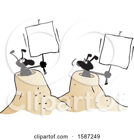 Clipart of Black Ants Holding Blank Signs from Their Hills - Royalty Free Vector Illustration by Johnny Sajem