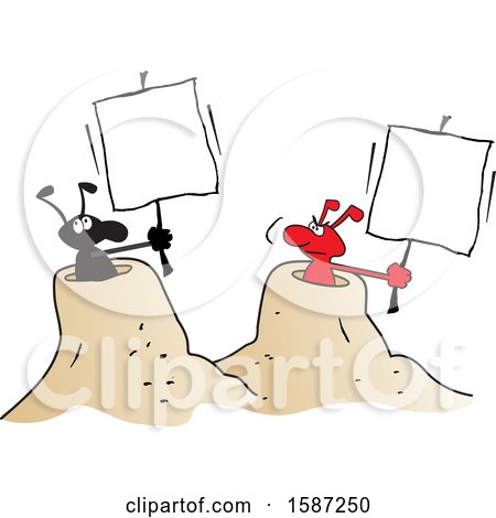 Clipart of Black and Red Ants Holding Blank Signs from Their Hills - Royalty Free Vector Illustration by Johnny Sajem